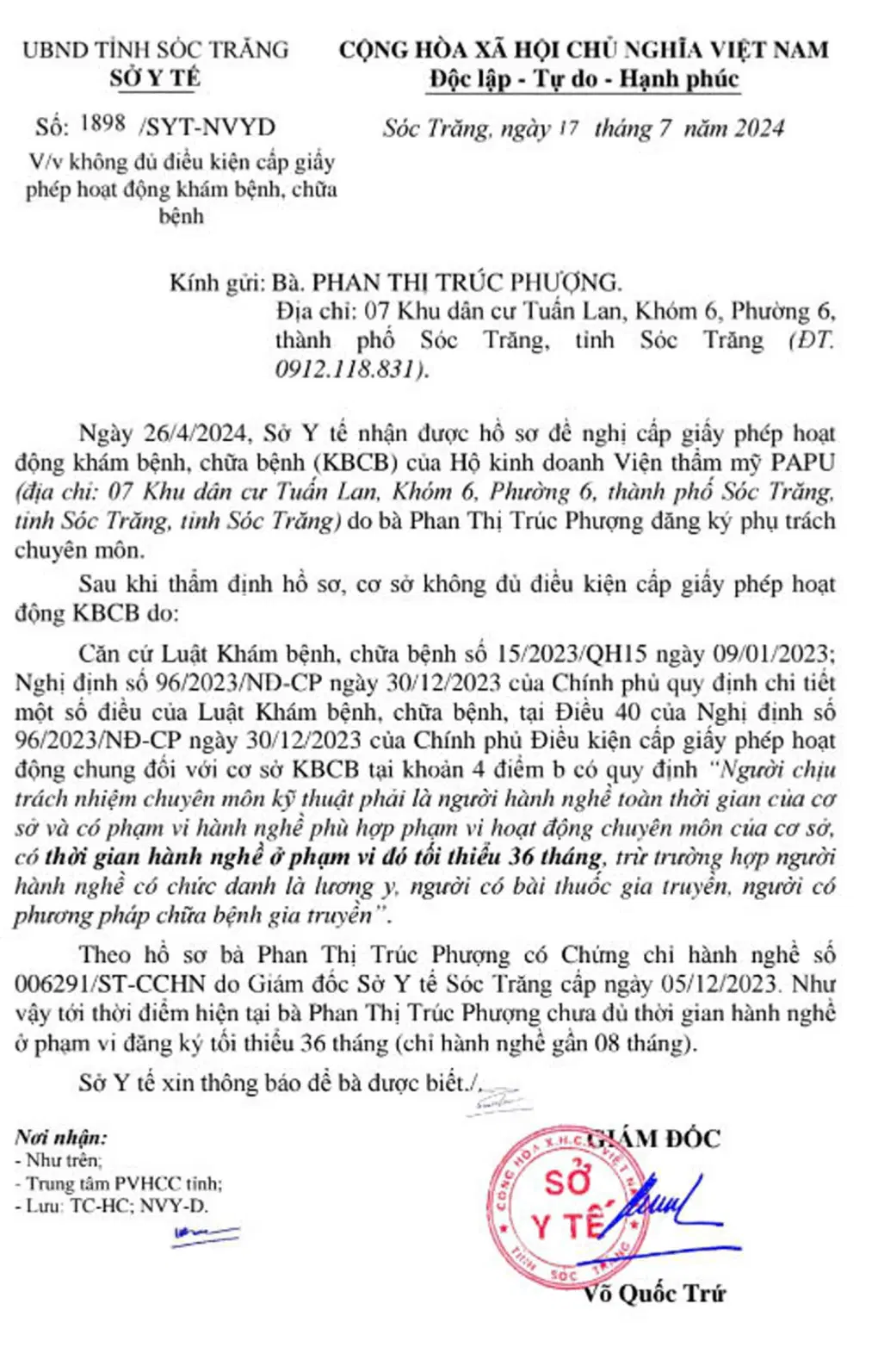 Văn bản trả lời của Sở Y tế tỉnh Sóc Trăng liên quan đến Hộ kinh doanh Viện thẩm mỹ Papu 