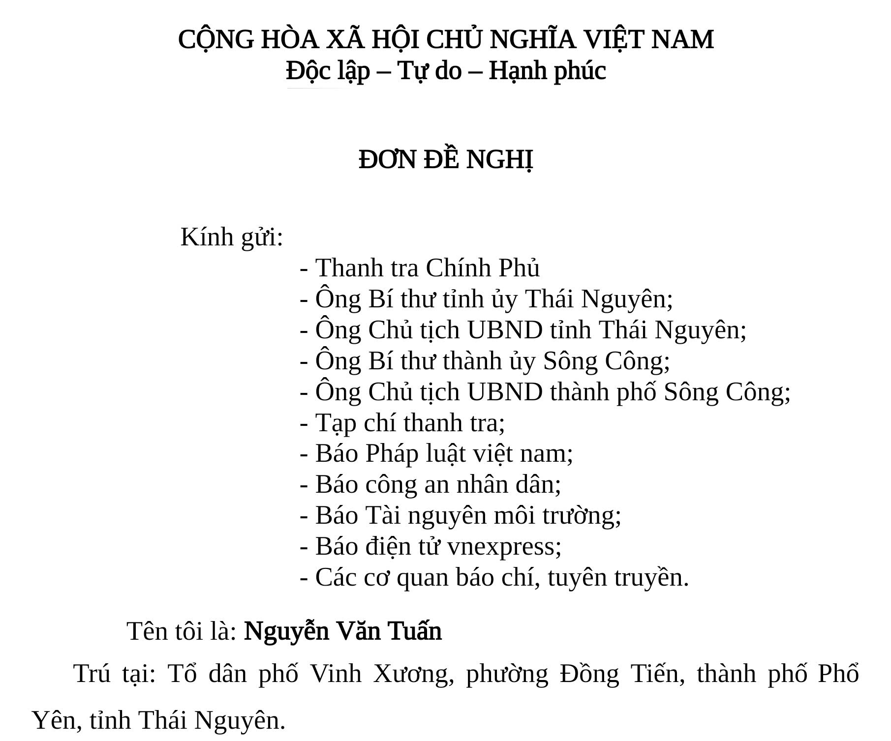 Đơn thư của gia đình ông Tuấn gửi cơ quan, ban ngành